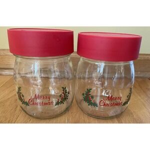 Vtg Carlton Glass Canister Jar Red Lid Merry Christmas Design 3/4 L Set Of 2